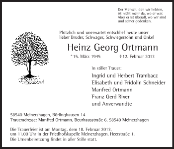 Traueranzeige von Heinz Georg Ortmann von MZV