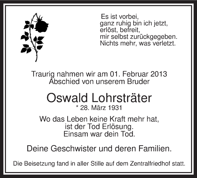  Traueranzeige für Oswald Lohrsträter vom 16.02.2013 aus MZV