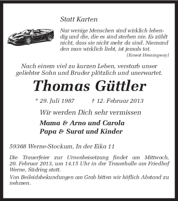Traueranzeige von Thomas Güttler von MZV