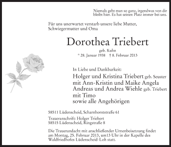 Traueranzeige von Dorothea Triebert von MZV