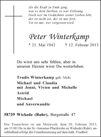 Traueranzeige von Peter Winterkamp von MZV