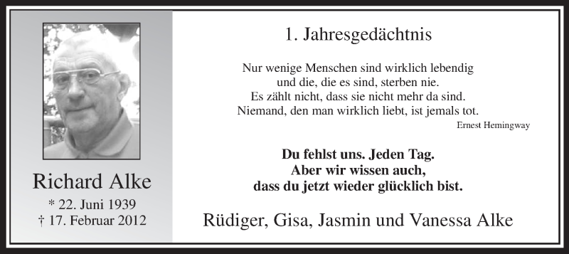  Traueranzeige für Richard Alke vom 16.02.2013 aus MZV