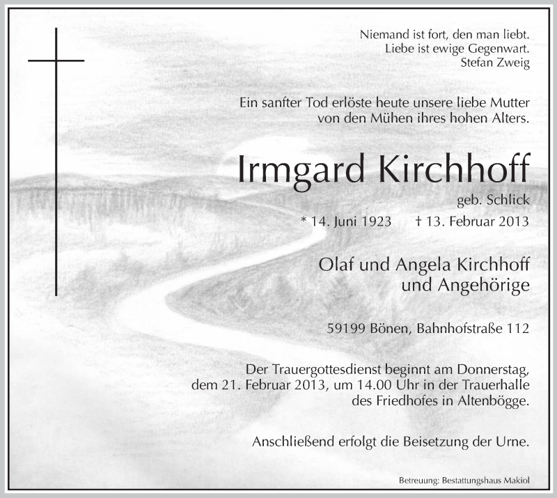  Traueranzeige für Irmgard Kirchhoff vom 16.02.2013 aus MZV