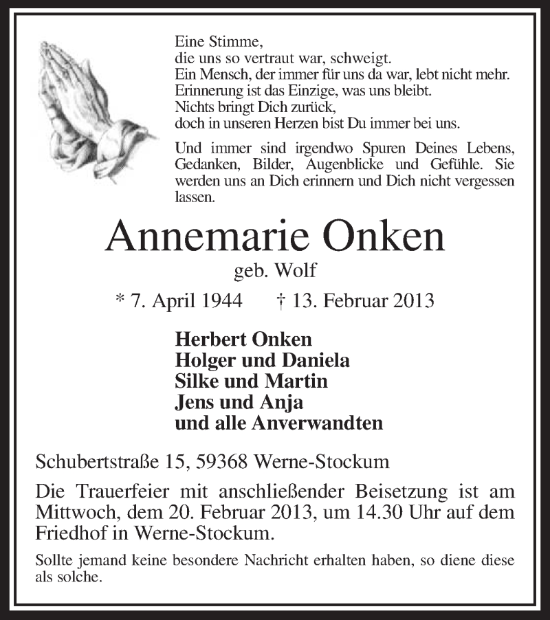  Traueranzeige für Annemarie Onken vom 16.02.2013 aus MZV