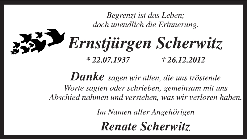  Traueranzeige für Ernstjürgen Scherwitz vom 16.02.2013 aus MZV