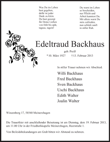 Traueranzeige von Edeltraud Backhaus von MZV