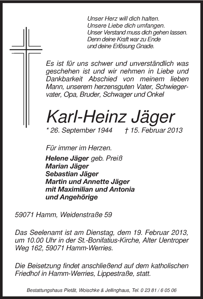  Traueranzeige für Karl-Heinz Jäger vom 16.02.2013 aus MZV