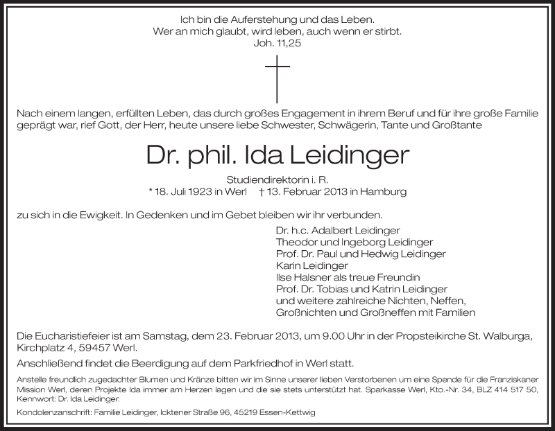  Traueranzeige für Ida Leidinger vom 16.02.2013 aus MZV
