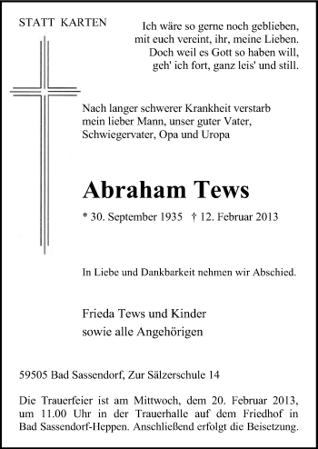 Traueranzeige von Abraham Tews von MZV
