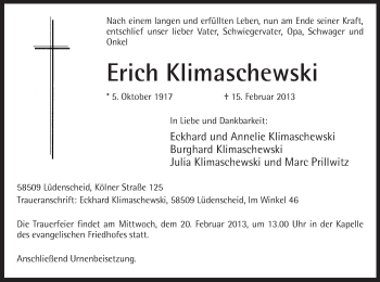 Traueranzeige von Erich Klimaschewski von MZV