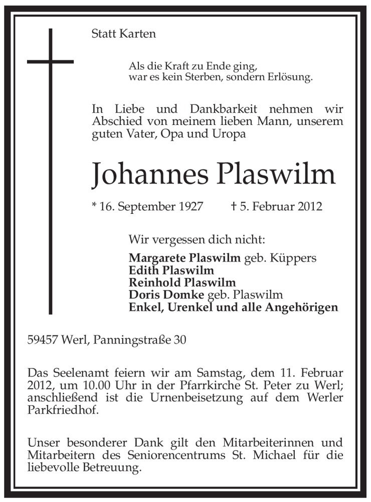  Traueranzeige für Johannes Plaswilm vom 07.02.2012 aus WESTFÄLISCHER ANZEIGER