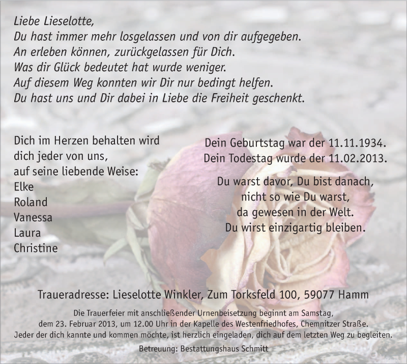  Traueranzeige für Lieselotte Winkler vom 19.02.2013 aus MZV