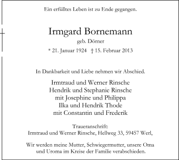 Traueranzeige von Irmgard Bornemann von MZV