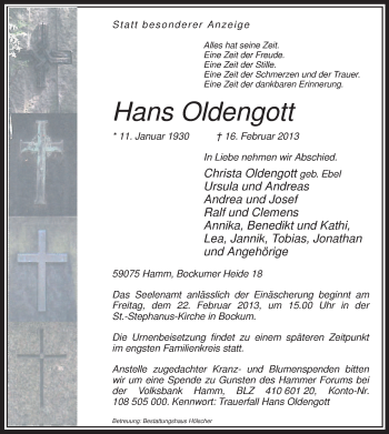 Traueranzeige von Hans Oldengott von MZV