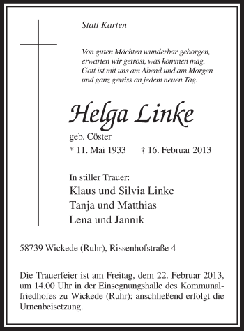 Traueranzeige von Helga Linke von MZV