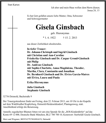 Traueranzeige von Gisela Ginsbach von MZV