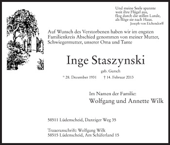 Traueranzeige von Inge Staszynski von MZV