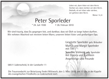 Traueranzeige von Peter Sporleder von WESTFÄLISCHER ANZEIGER
