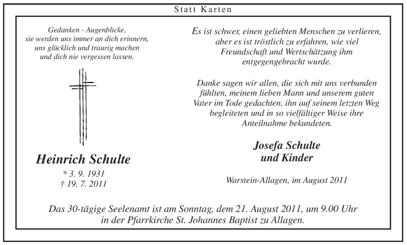  Traueranzeige für Heinrich Schulte vom 13.08.2011 aus WESTFÄLISCHER ANZEIGER