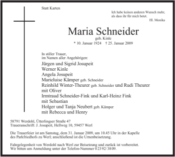 Traueranzeige von Maria Schneider von WESTFÄLISCHER ANZEIGER