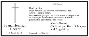 Traueranzeige von Franz Heinrich Becker von WESTFÄLISCHER ANZEIGER
