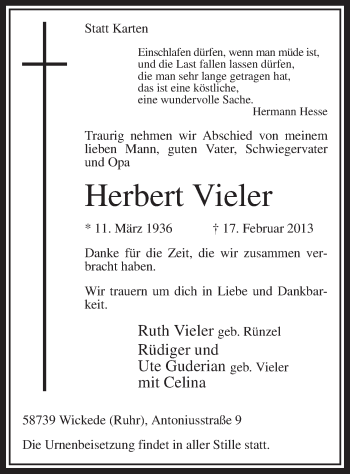 Traueranzeige von Herbert Vieler von MZV