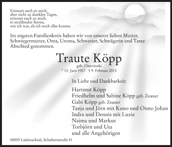 Traueranzeige von Traute Köpp von MZV