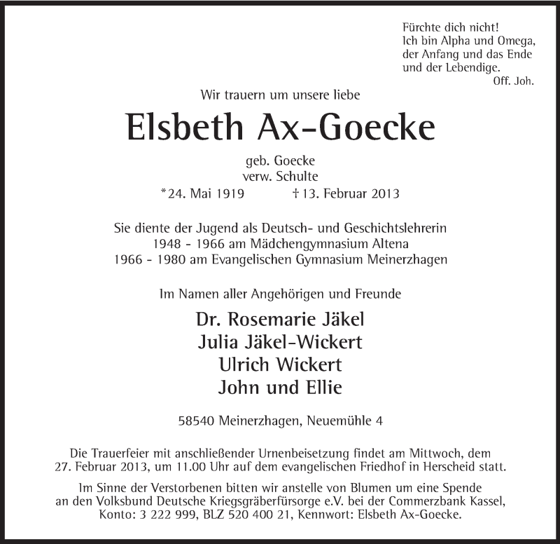 Traueranzeige für Elsbeth Ax-Goecke vom 23.02.2013 aus MZV