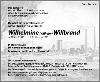 Traueranzeige von Wilhelmine Willbrand von MZV