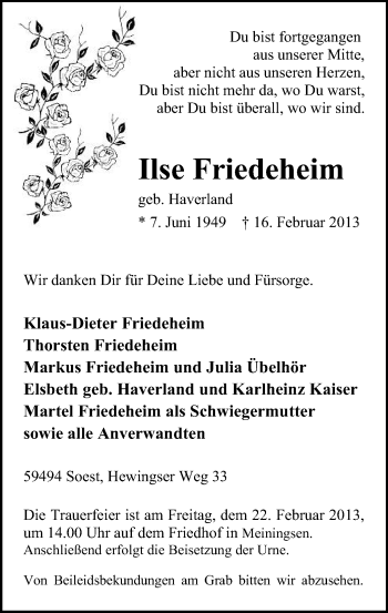Traueranzeige von Ilse Friedeheim von MZV