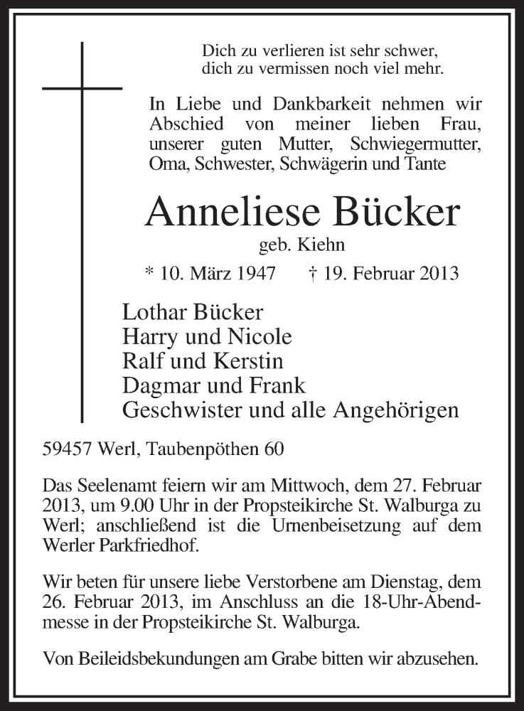  Traueranzeige für Anneliese Bücker vom 22.02.2013 aus MZV