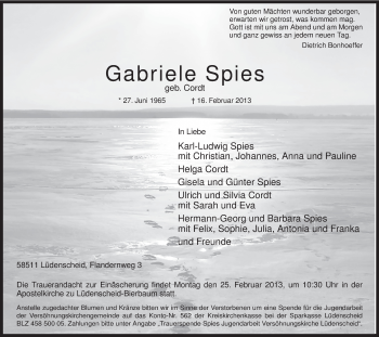 Traueranzeige von Gabriele Spies von MZV