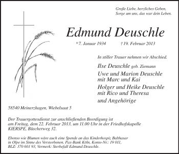 Traueranzeige von Edmund Deuschle von MZV