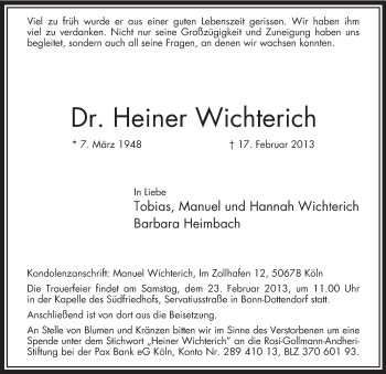 Traueranzeige von Heiner Wichterich von MZV
