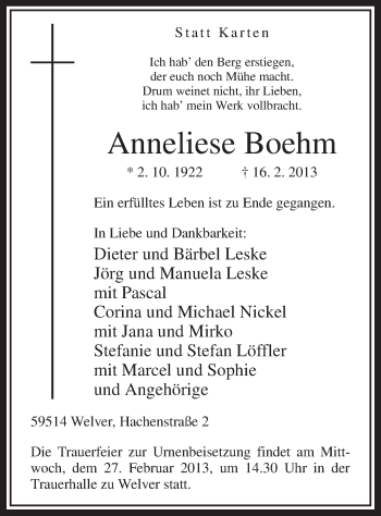 Traueranzeige von Anneliese Boehm von MZV