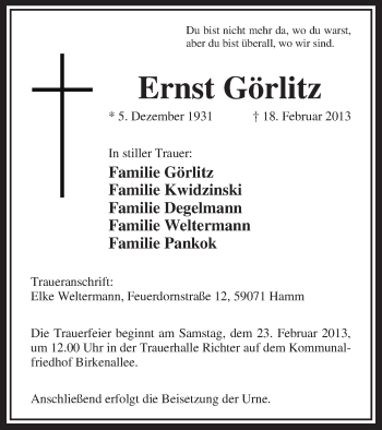 Traueranzeige von Ernst Görlitz von MZV