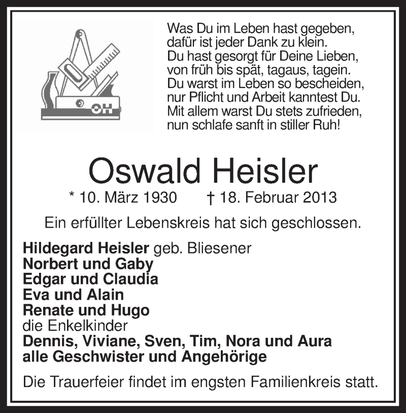  Traueranzeige für Oswald Heisler vom 21.02.2013 aus MZV
