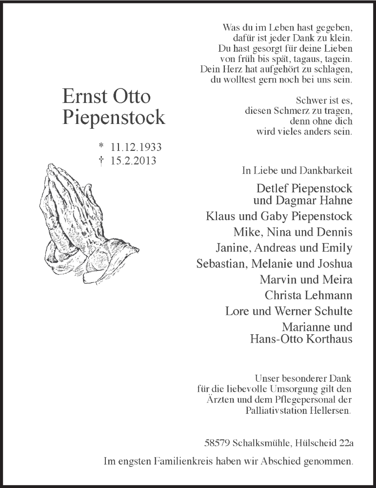  Traueranzeige für Ernst Otto Piepenstock vom 21.02.2013 aus MZV
