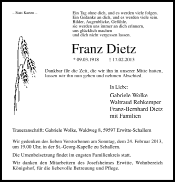 Traueranzeige von Franz Dietz von MZV