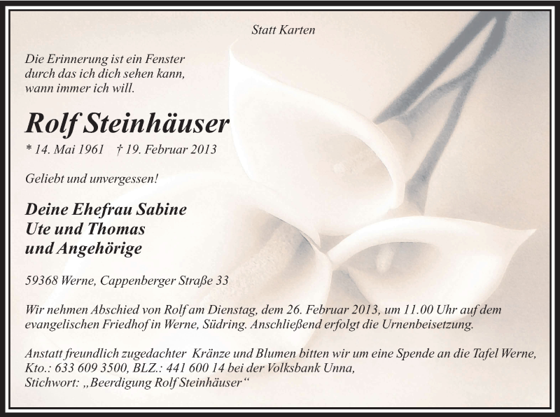  Traueranzeige für Rolf Steinhäuser vom 22.02.2013 aus MZV