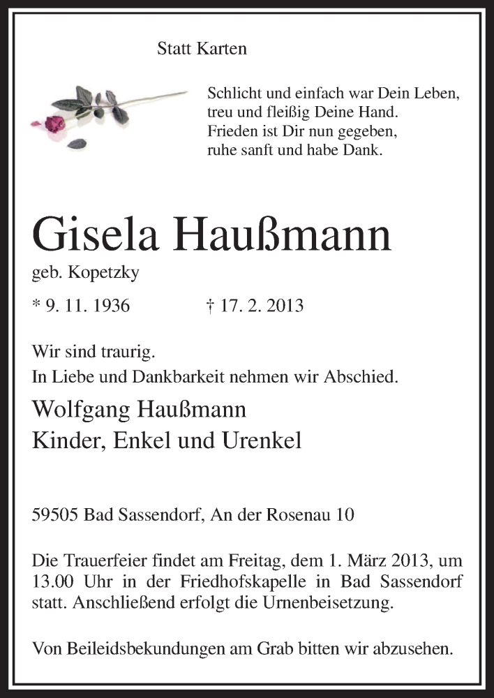  Traueranzeige für Gisela Haußmann vom 23.02.2013 aus MZV