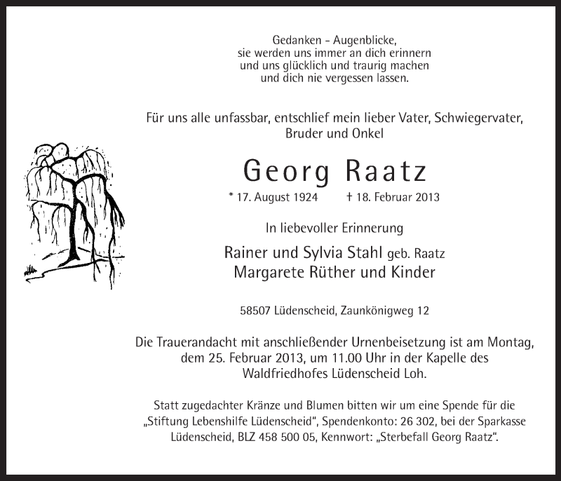 Traueranzeige für Georg Raatz vom 21.02.2013 aus MZV