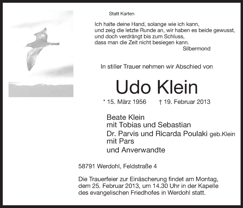  Traueranzeige für Udo Klein vom 21.02.2013 aus MZV