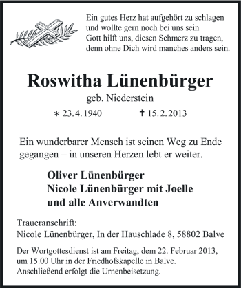 Traueranzeige von Roswitha Lünenbürger von MZV