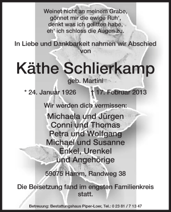 Traueranzeige von Käthe Schlierkamp von MZV