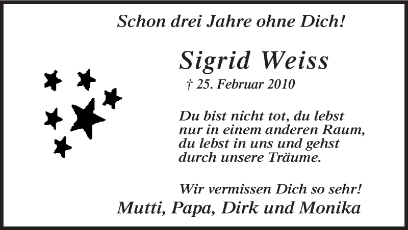  Traueranzeige für Sigrid Weiss vom 25.02.2013 aus MZV