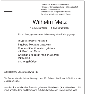 Traueranzeige von Wilhelm Metz von MZV