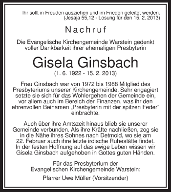 Traueranzeige von Gisela Ginsbach von MZV