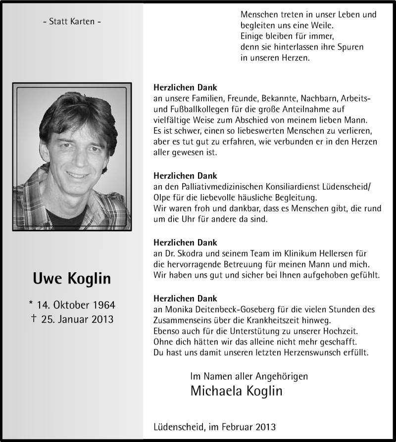  Traueranzeige für Uwe Koglin vom 23.02.2013 aus MZV