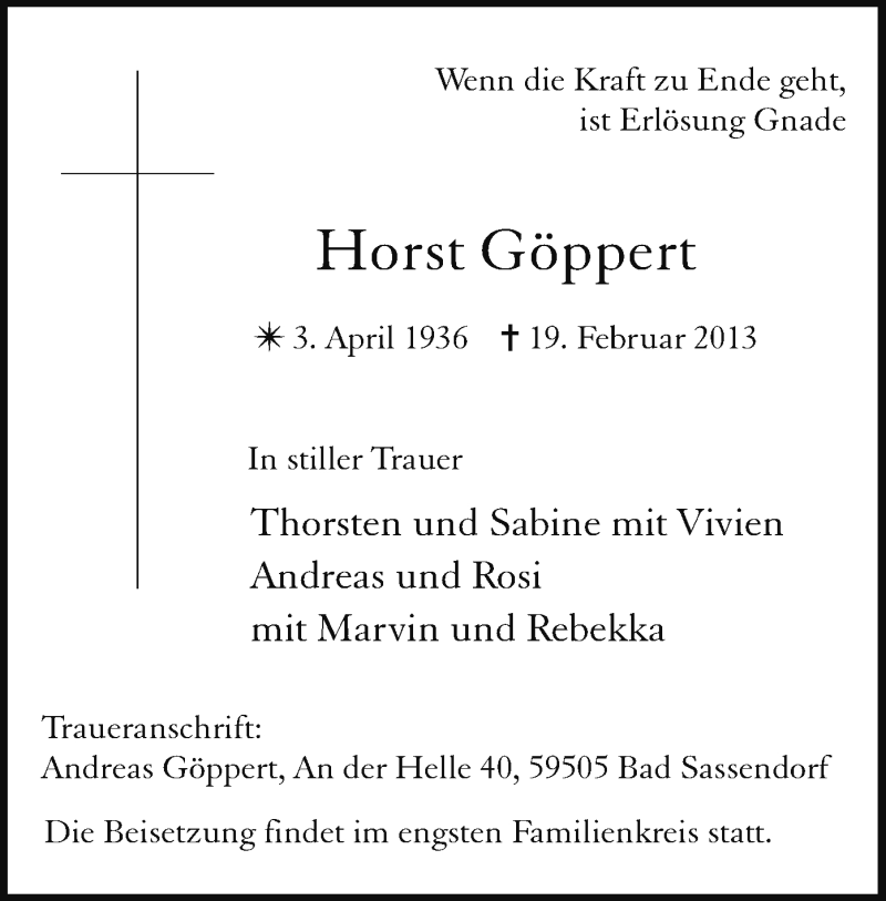  Traueranzeige für Horst Göppert vom 22.02.2013 aus MZV